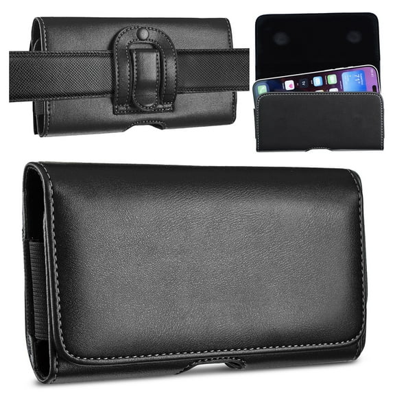 Magnetic PU Leather Holster with Belt Clip, for Cell Phone Under 7 Inch, Smartphone Waist Bag Holster Waist Pouch Fanny Pack Wallet with Carabiner Belt Loop for Outdoor Sport Travel, Black