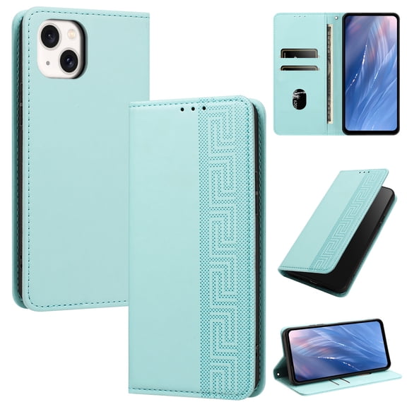 Magnetic PU Leather Wallet Case for iPhone 13, RFID Blocking Flip Phone Cover with Wrist Strap Card Slots Cash Pocket Kickstand Full Body Protection for iPhone 13, Green