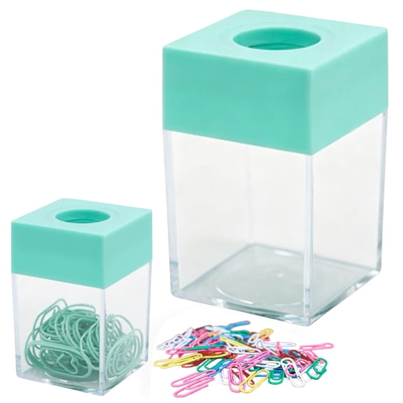 Magnetic Paper Clip Dispenser with Top, 1 Pc 1.57*1.57*2.76 Inch Clear Plastic Desk Organizer Holder, Office Stationery Storage for Paper Clips, Rubber Bands and Small Desk Accessories, Green