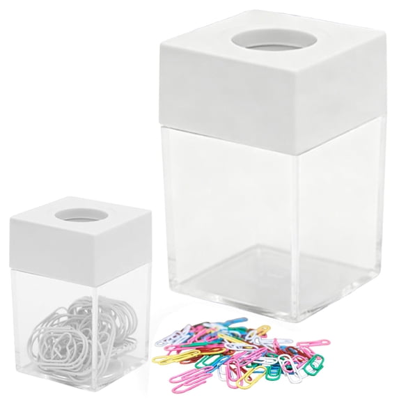 Magnetic Paper Clip Dispenser with Top, 1 Pc 1.57*1.57*2.76 Inch Clear Plastic Desk Organizer Holder, Office Stationery Storage for Paper Clips, Rubber Bands and Small Desk Accessories, White