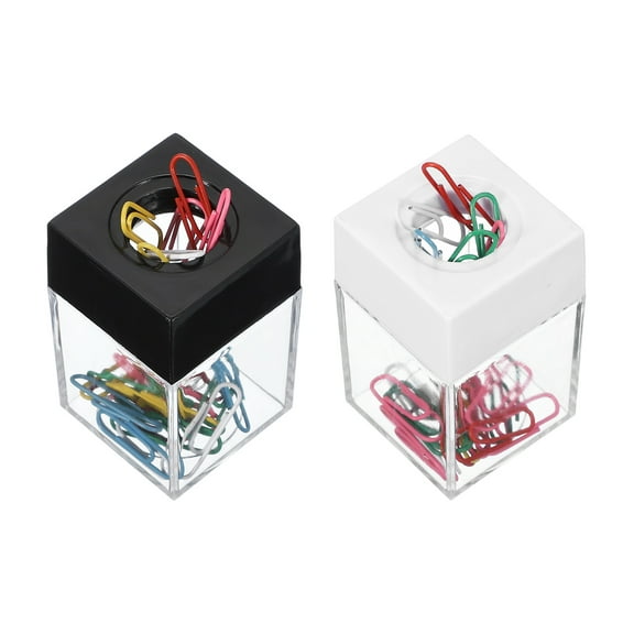 Magnetic Paper Clip Holder Dispenser, 2Pcs Large Capacity Paper Clip Organizers with Magnetic Top for Desk Supplies, Office, Classroom, Home, Black/White(36Pcs, Multicolor Clip)