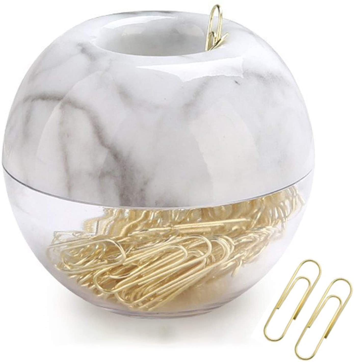 Magnetic Paper Clip Holder，Marble White Holder with Gold Paper Clips 100pcs  28mm(1.1) Cute Office Supplies for Desk Organizer
