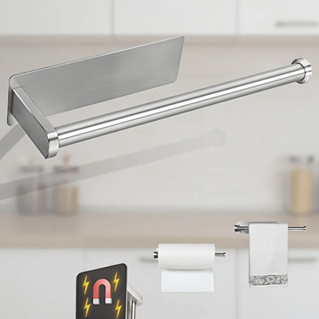Magnetic Paper Towel Holder with Strong Backing for Large Rolls, Brushed Steel Design for Kitchen, Refrigerator, Grill, Toolbox, Garage, and Workshop Use