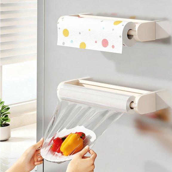 Magnetic Paper Towel Rack, Wall Mount Kitchen Organizer for Rolls, Plastic Wrap & Tablecloths, Fridge Side Accessory, No-Drill Adhesive Metal Holder, Heavy Duty for Aluminum Foil & Bags, White
