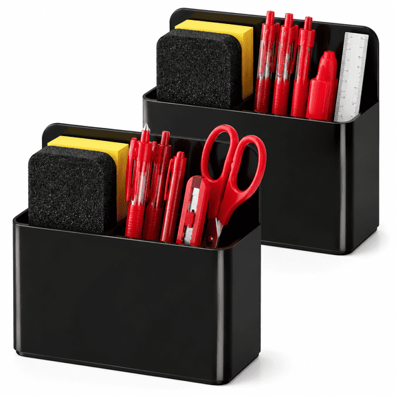Magnetic Pen Holder 2 Pack, Black Plastic Rectangular Marker Organizer Cup for Whiteboard Locker Classroom and Office