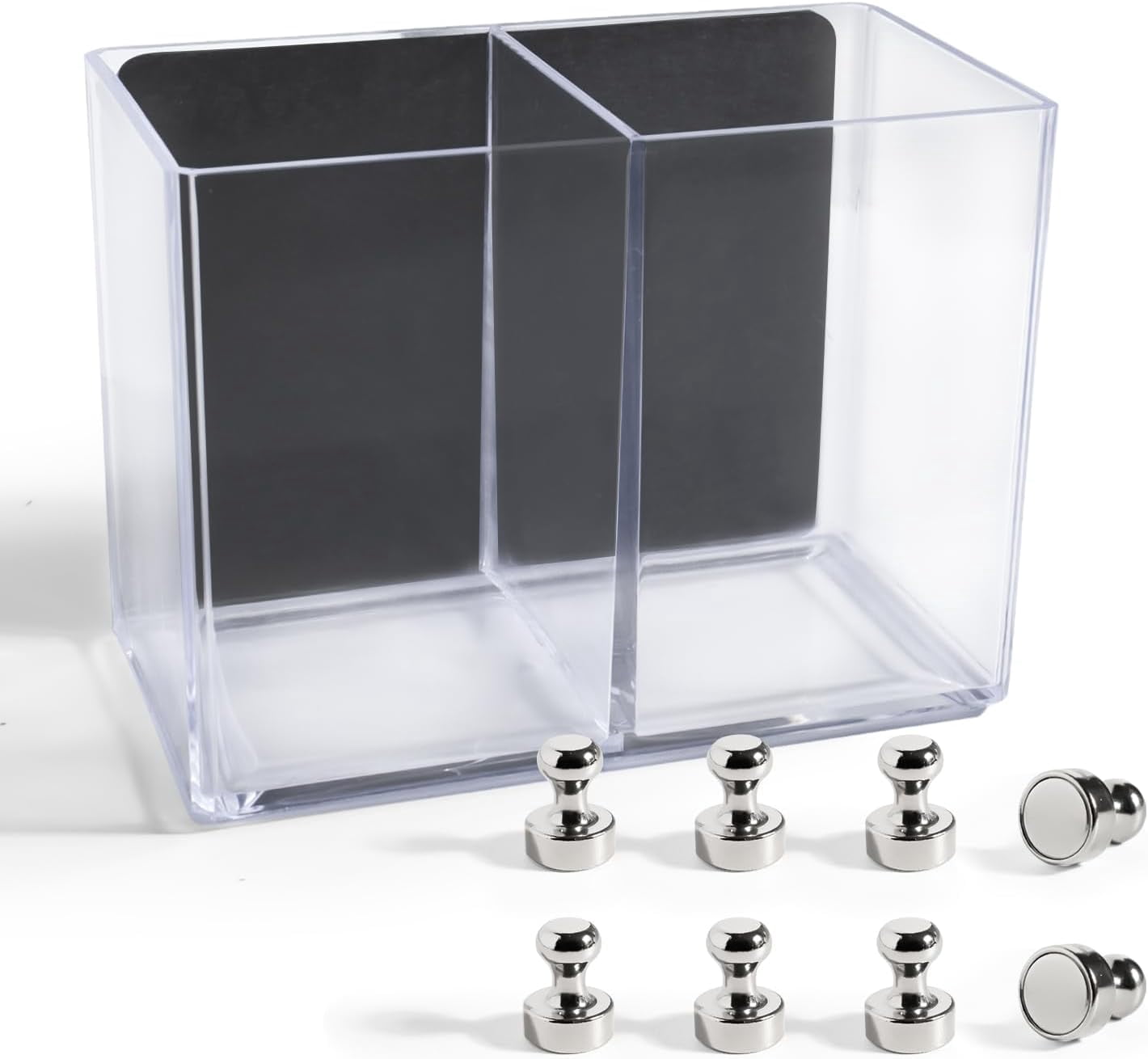 Magnetic Pen Holder with 8 Magnetic Push Pins, Clear Magnetic Dry Erase Marker Holder, Locker Accessories, Large Capacity Pencil Holder for Whiteboard, Fridge, Office & Classroom Supplies