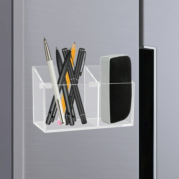 Magnetic Pen Holder Acrylic Magnetic Dry Erase Marker Holder with 2 Compartment Transparent Magnetic Marker Organizer Nonslip Whiteboard Pen Storage Holder for Refrigerator