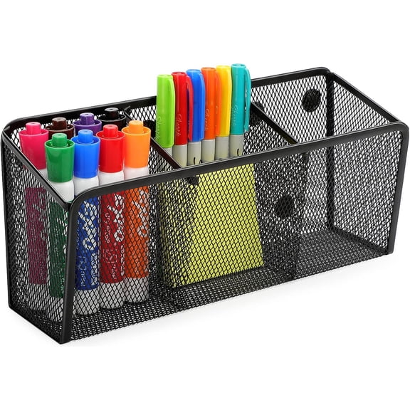 Magnetic Pencil Holder - Extra Strong Magnets Mesh Marker Holder Perfect for Whiteboard, Refrigerator and Locker Accessories (3 Baskets)