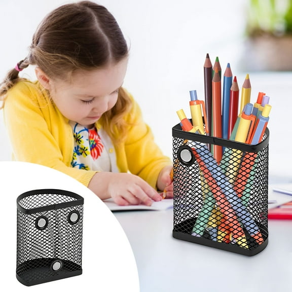Magnetic Pen Holder Mesh Stainless Steel Basket | Metal Writing Utensil Storage Organizer | Strong Magnets for Whiteboard, Blackboard, Refrigerator, Locker | 3.9x3.1x2 in | Home Office Desk Accessory