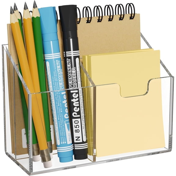 Magnetic Pen Holder for Refrigerator, Whiteboard & Locker - Acrylic 3-Magnet Organizer with Non-Slip Pads, Holds Markers, Pens, Scissors & Notes, Clear Accessory for Office, Classroom, Kitchen
