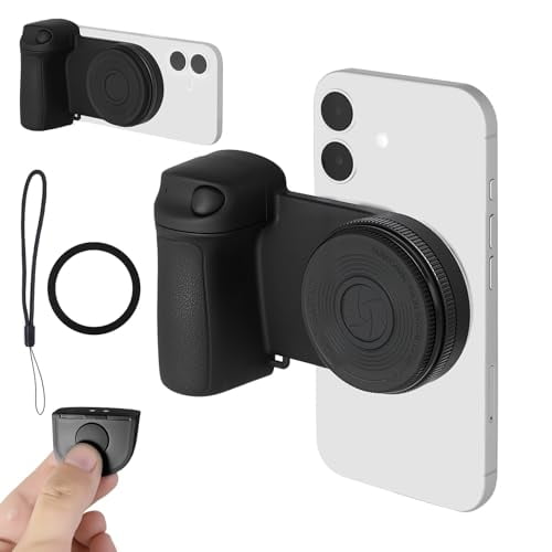 Magnetic Phone Camera Grip with Adjustable Fill Light and Mirror, Anti-Slip Camera Handle with Bluetooth Remote, Compatible with iPhone and Android Phones, Magnet Ring & 1/4 Tripod Screw