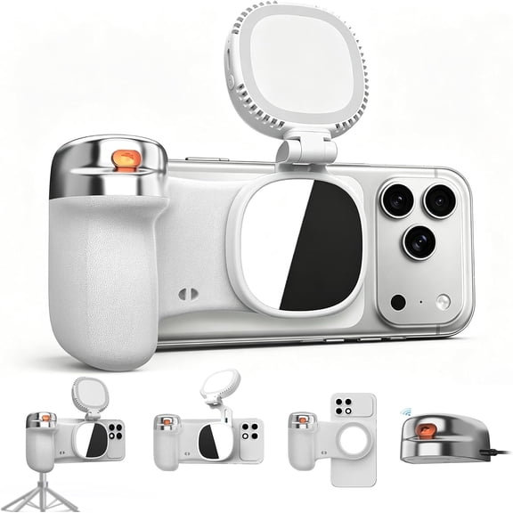 Magnetic Phone Camera Grip Creator Kit with Selfie Light & Wireless utter | Creator kit for steadier selfies, videos, TikToks, Zoom calls, and product ots with adjustable light and remote utter.