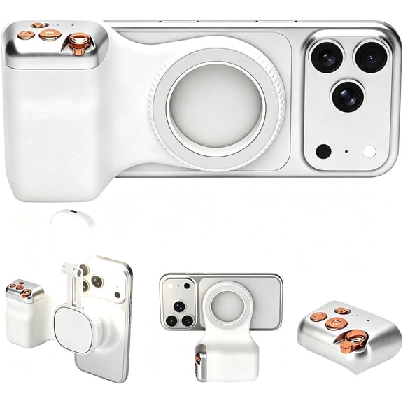 Magnetic Phone Camera Grip, Smartphone Selfie Handle, Fun Shot Magnetic Grip for iPhone & Android with Detachable Wireless Shutter Button, Creator Kit for Selfies/Photography/Video(White)