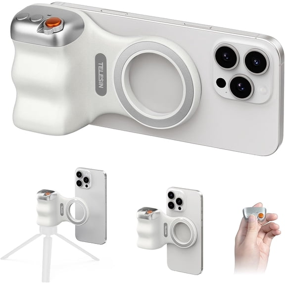 Magnetic Phone Camera Grip, Smartphone Shooting Holder Selfie Handle Snap with Wireless Shutter Button Remote for iPhone 16 15 14 13 12 Pro Max Android Cellphone Vlog Video Photography(White)