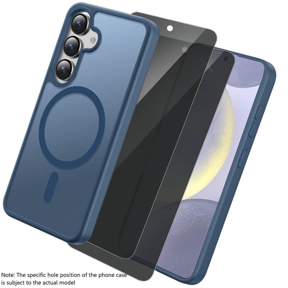 ZYQEEE Magnetic Phone Case and 2pcs Privacy Screen Protector Tempered Glass for Samsung Galaxy S24 FE - 6.7in, Compatible with Magsafe [Shockproof Military] Translucent Matte Phone Case,Blue