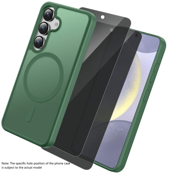 ZYQEEE Magnetic Phone Case and 2pcs Privacy Screen Protector Tempered Glass for Samsung Galaxy S24 FE - 6.7in, Compatible with Magsafe [Shockproof Military] Translucent Matte Phone Case,Green