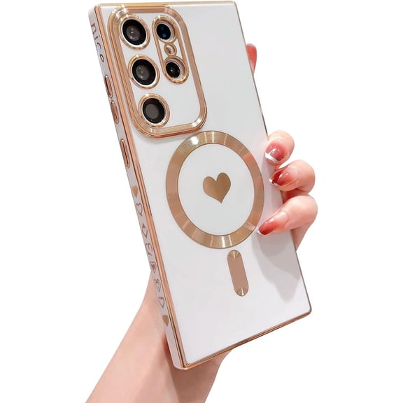 Magnetic Phone Case Designed for Samsung Galaxy S23 Ultra 5g[Compatible with MagSafe] Luxury Plating Heart Pattern Soft Silicone Protective Shockproof Cover for Galaxy S23 Ultra 6.8" (White)