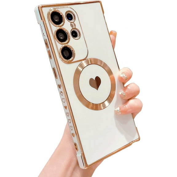 Magnetic Phone Case for Samsung Galaxy S22 Ultra 6.8" Compatible with MagSafe Cute Heart S22 Ultra Case for Women Girls Luxury Plating Full Camera Lens Protection Soft Bumper Cover (White)