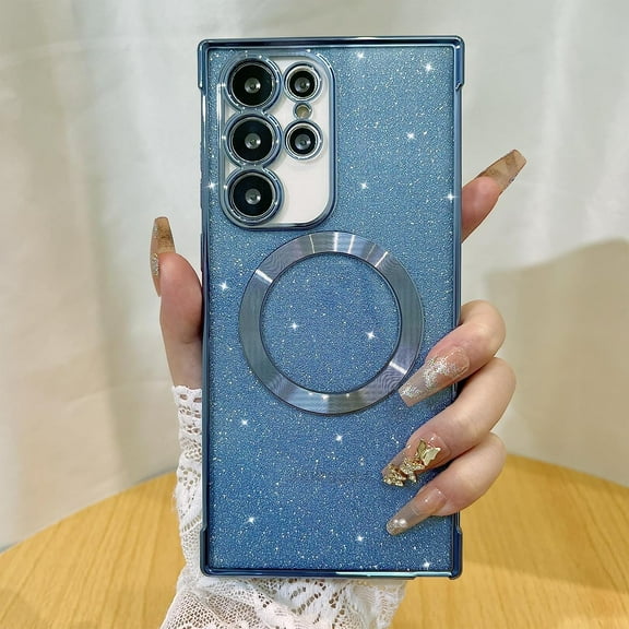 Magnetic Phone Case for Samsung Galaxy S22 Ultra with Camera Lens Protector [Compatible with Magsafe] Glitter Bling Cover for Women Girl Shockproof Protective Phone Case, Blue