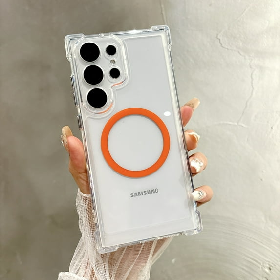 Magnetic Phone Case for Samsung Galaxy S22 Ultra, Clear Back Cover Compatible with Magsafe Slim Fit Anti-Scratch Corner Protective Bumper Case for Women Men,Orange
