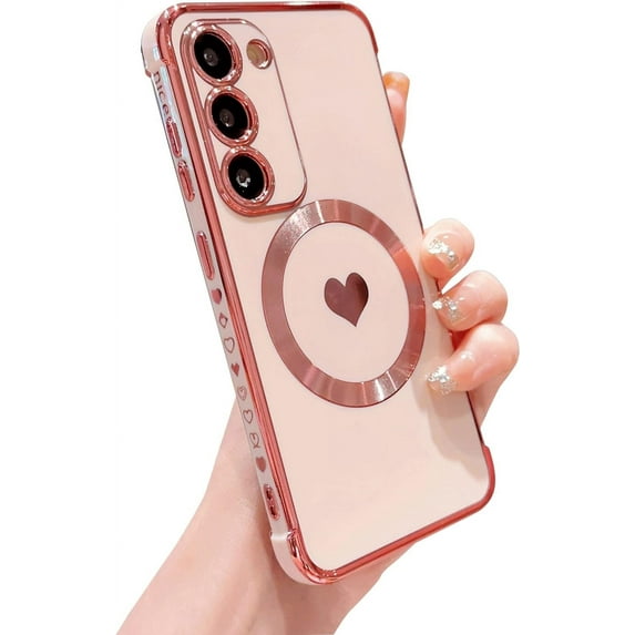 Magnetic Phone Case for Samsung Galaxy S23 5G Compatible with MagSafe Cute Heart Galaxy S23 Case for Women Luxury Plating Bumper Full Camera Lens Protection Samsung S23 Cover 6.1" (Pink)