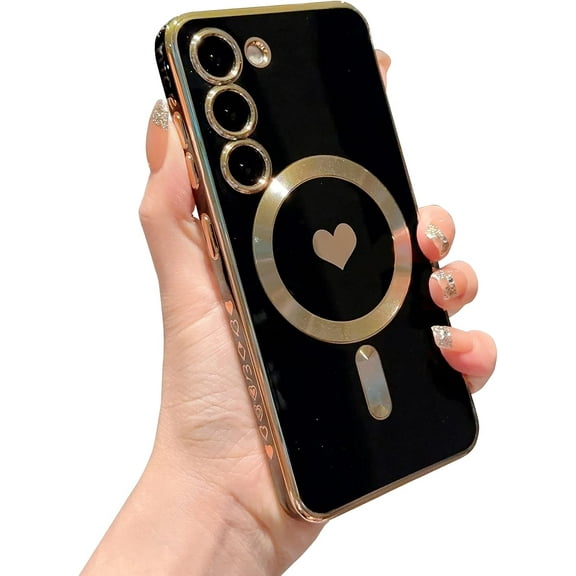 Magnetic Phone Case for Samsung Galaxy S23 5g [Compatible with MagSafe] Luxury Plating Cute Love Heart Pattern Soft Silicone Protective Shockproof Cover for Galaxy S23 6.1” (Black)