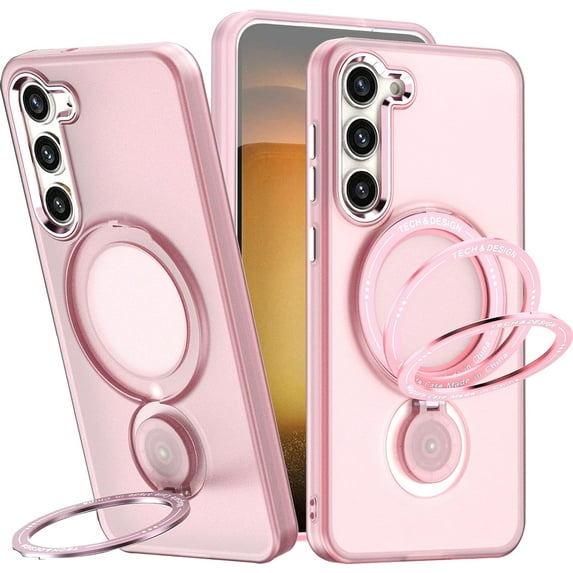 Magnetic Phone Case for Samsung Galaxy S23 Compatible with MagSafe, Military Grade Drop Tested with 360 Ring Metal Kickstand Clear Cover Case for Samsung Galaxy S23 XZ Pink