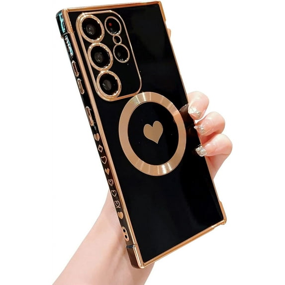 Magnetic Phone Case for Samsung Galaxy S23 Ultra Compatible with MagSafe Galaxy S23 Ultra Cute Case for Women Plating Heart Soft Bumper Camera Lens Protect Cover for S23 Ultra 6.8" (Black)