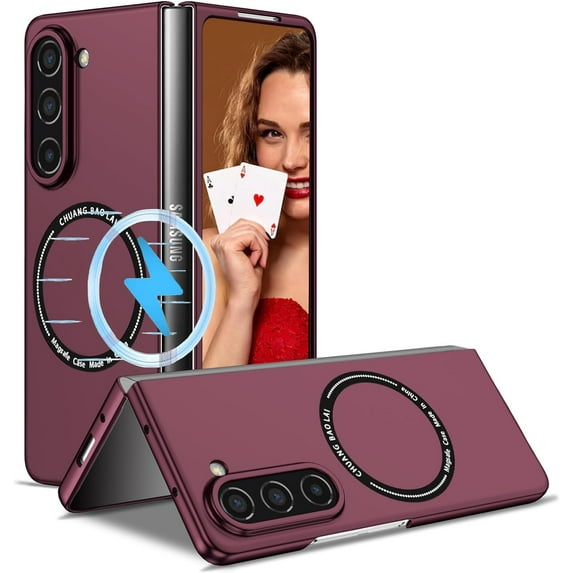 Magnetic Phone Case for Samsung Galaxy Z Fold5 5G Compatible with Magsafe, Military-Grade Shockproof Case with Built-in Magnet Circle for Samsung Galaxy Z Fold 5, MS Claret