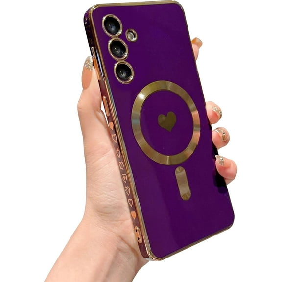 Magnetic Phone Case for Samsung S24 5g [Compatible with MagSafe] Luxury Plating Cute Love Heart Pattren Bumper Soft Silicone Protective Shockproof Cover for Galaxy S24 2024 (Purple)