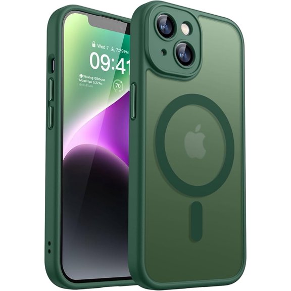 Magnetic Phone Case for iPhone 14 6.1", Translucent Matte Shockproof Cover - Deep Green