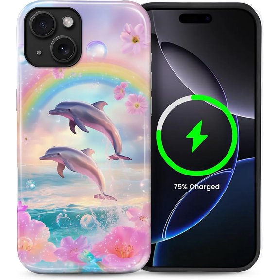 Magnetic Phone Case for iPhone 14 Plus, Compatible with MagSafe, Durable 2 Layers Full Covered Shockproof Protective Cover-Rainbow Floral Dolphin