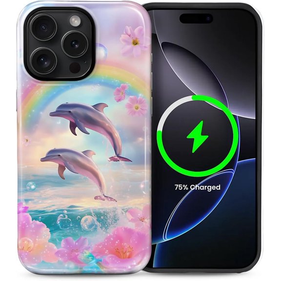 Magnetic Phone Case for iPhone 14 Pro, Compatible with MagSafe, Durable 2 Layers Full Covered Shockproof Protective Cover-Rainbow Floral Dolphin