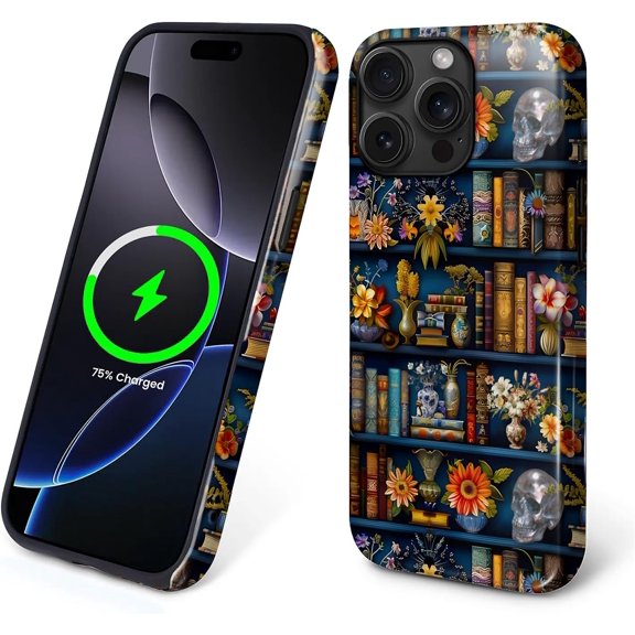 Magnetic Phone Case for iPhone 14 Pro, Compatible with MagSafe, Durable 2 Layers Full Covered Shockproof Protective Cover-Retro Skeleton Bookshelf
