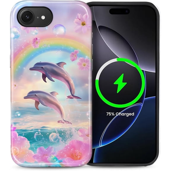 Magnetic Phone Case for iPhone 16e, Compatible with MagSafe, Durable 2 Layers Full Covered Shockproof Protective Cover-Rainbow Floral Dolphin