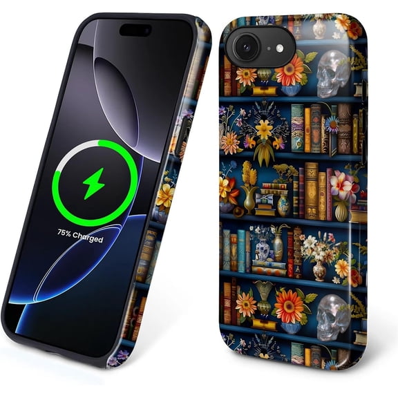 Magnetic Phone Case for iPhone 16e, Compatible with MagSafe, Durable 2 Layers Full Covered Shockproof Protective Cover-Retro Skeleton Bookshelf