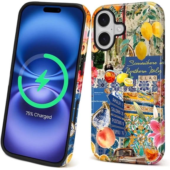 Magnetic Phone Case for iPhone 17, Compatible with MagSafe, Durable 2 Layers Full Covered Shockproof Protective Cover-Lemon Flower Collage