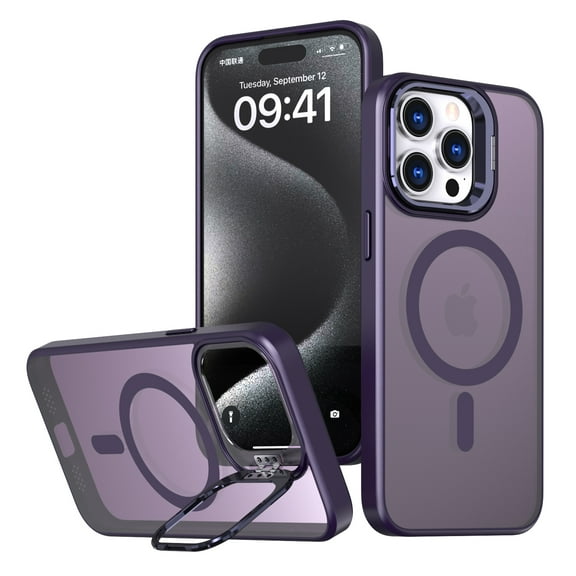 Magnetic Phone Case for iPhone 14 Pro Clear Case with Stand, Compatible with MagSafe Camera Frame Mount for Women Men Shockproof Anti-slip Lightweight Ultra Slim Case Cover, Purple