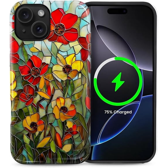Magnetic Phone Case for iPhone 14 Pro Max, Compatible with MagSafe, Durable 2 Layers Full Covered Shockproof Protective Cover-Stained Glass Floral Botanical Garden