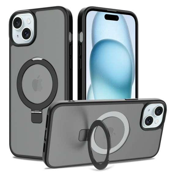 Magnetic Phone Case For iPhone 14,With Invisible Magnetic O-Ring Kickstand,Compatible with Mag-Safe,Skin Feel Ultra Slim Shockproof Anti-Drop Protection Translucent Phone Case,Black