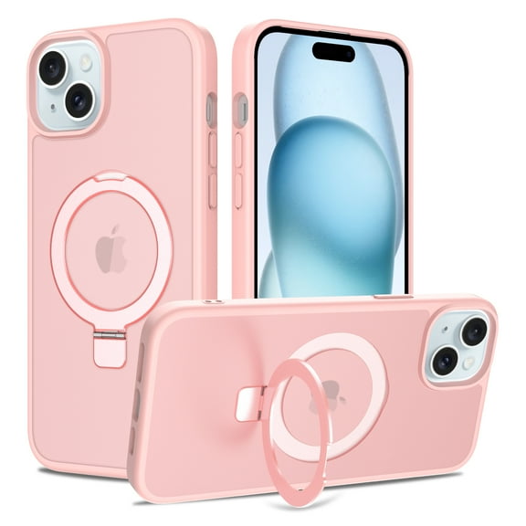 Magnetic Phone Case For iPhone 14,With Invisible Magnetic O-Ring Kickstand,Compatible with Mag-Safe,Skin Feel Ultra Slim Shockproof Anti-Drop Protection Translucent Phone Case,Pink