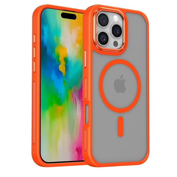Magnetic Phone Case for iPhone 15 Plus Case [Grade Drop & Compatible with MagSafe] Translucent Matte Back with Metal Keys, Shockproof Anti-fall Dustproof Sturdy Phone Case,Orange