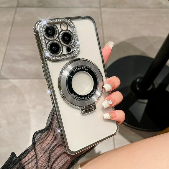 Magnetic Phone Case for iPhone 15 Pro Max, MagSafe Compatible, Shockproof Camera Lens Protection, Glitter Rhinestone Clear Case with Ring Holder Stand Cover for iPhone 15 Pro Max Women Girls, Silver