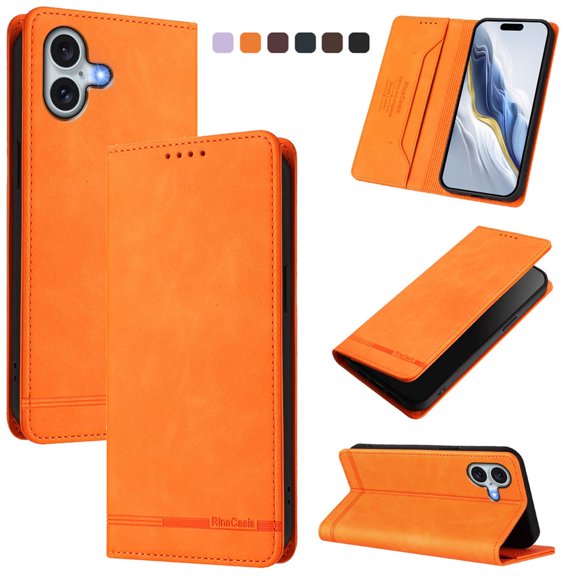 Magnetic Phone Case For iPhone 16 6.1-inch with RFID Blocking,Magnetic Closure,Card Slots,Cash Slot,Kickstand,Shockproof Flip Folio Protective Phone Case,Orange,For iPhone 16