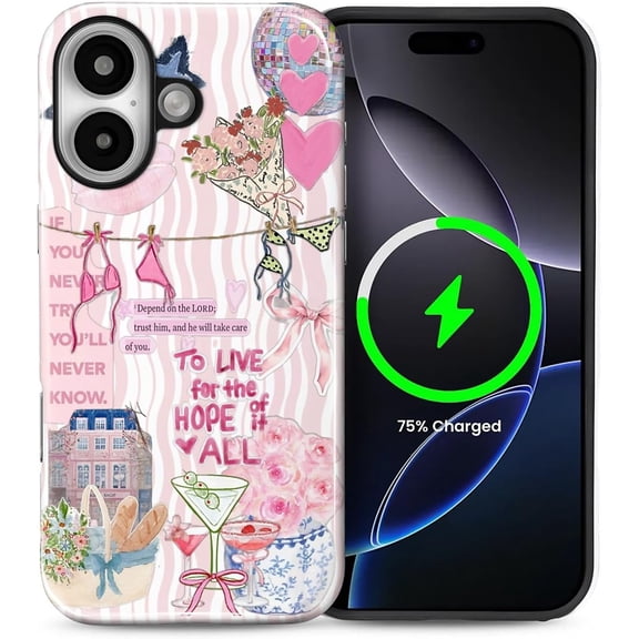 Magnetic Phone Case for iPhone 16, Compatible with MagSafe, Durable 2 Layers Full Covered Shockproof Protective Cover-Preppy Aesthetic Striped Flower Collage