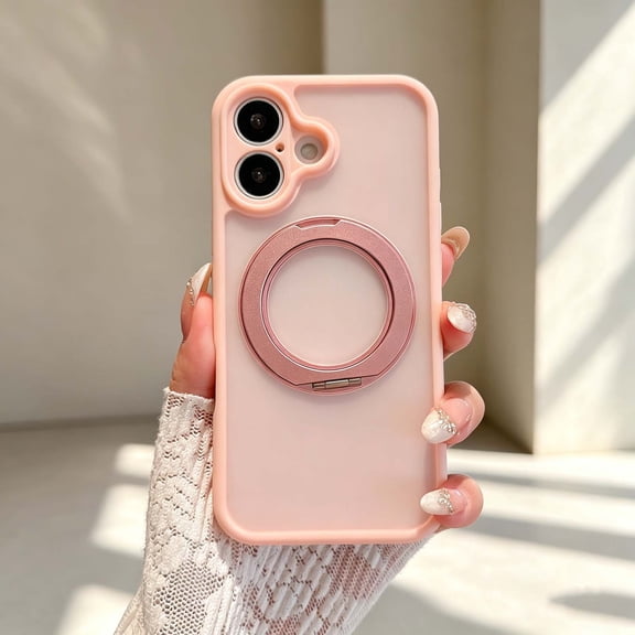 Magnetic Phone Case For iPhone 16 Plus,360° Rotatable Foldable Kickstand,Matte Skin-Feeling Translucent Back Design,Heavy Duty Shockproof Anti-fall Drop protection,Phone Case,Pink