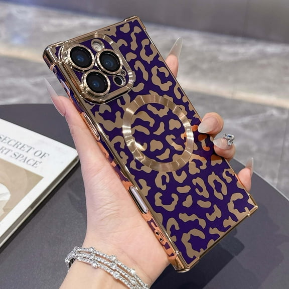 Magnetic Phone Case For iPhone 16 Pro,Compatible with Mag-Safe,Luxury Leopard Print Pattern Design,With Lens Film,Shockproof Protection Anti-fall Electroplated Rugged Phone Case,Darkpurple