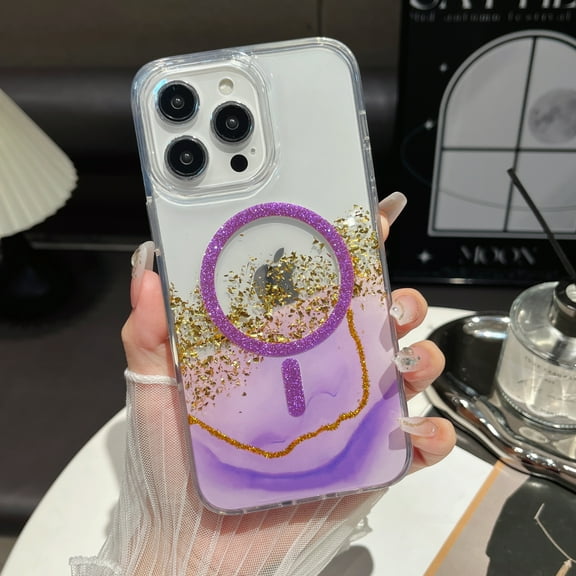 Magnetic Phone Case for iPhone 16 Pro [Compatible with Mag-safe] Glitter Cute Luxury Bling Gold Foil Drip Glitter Shockproof Anti-fall Phone Case for iPhone 16 Pro Phone Case,Purple