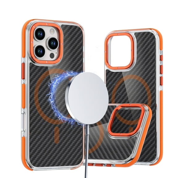 Magnetic Phone Case for iPhone 16 Pro Max Case,Carbon Fibre Textured Back Fingerprint-Resistant Anti-Scratch Anti-fall Shockproof Protective Phone Case Compatible with MagSafe,Orange