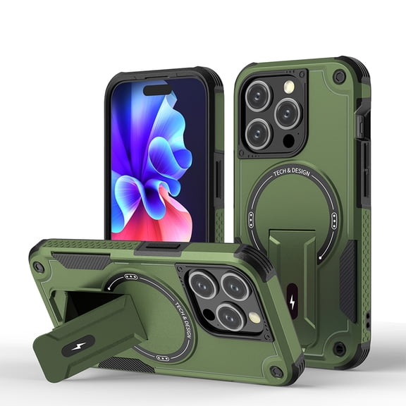 Magnetic Phone Case for iPhone 16 Pro Max for Man Women, [Compatible with Magsafe] Built-in Invisible Kickstand, Military Grade Heavy Duty Shockproof Anti-fall Phone Cover Case,Armygreen